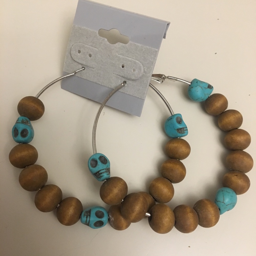 Wooden Bead and Teal Skeleton Head Hoop Earrings